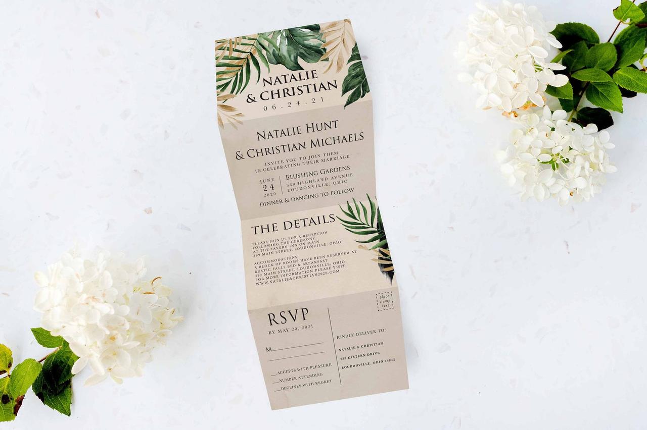 Trifold invitation with palm leaves illustrations on brown vellum paper