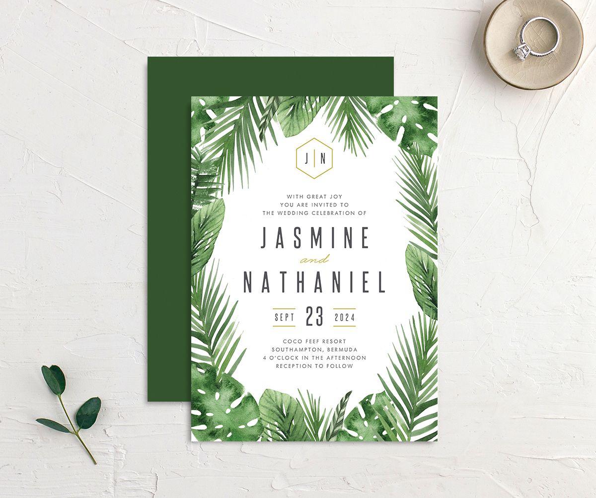 Palm leaves bordering event details in modern black type