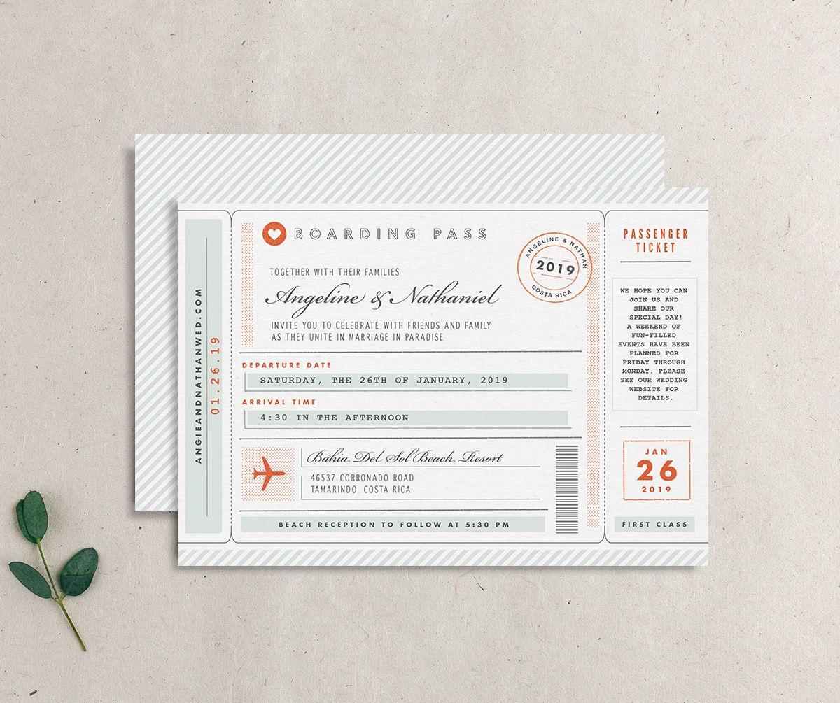 Boarding pass design with stamp and airplane illustrations in orange
