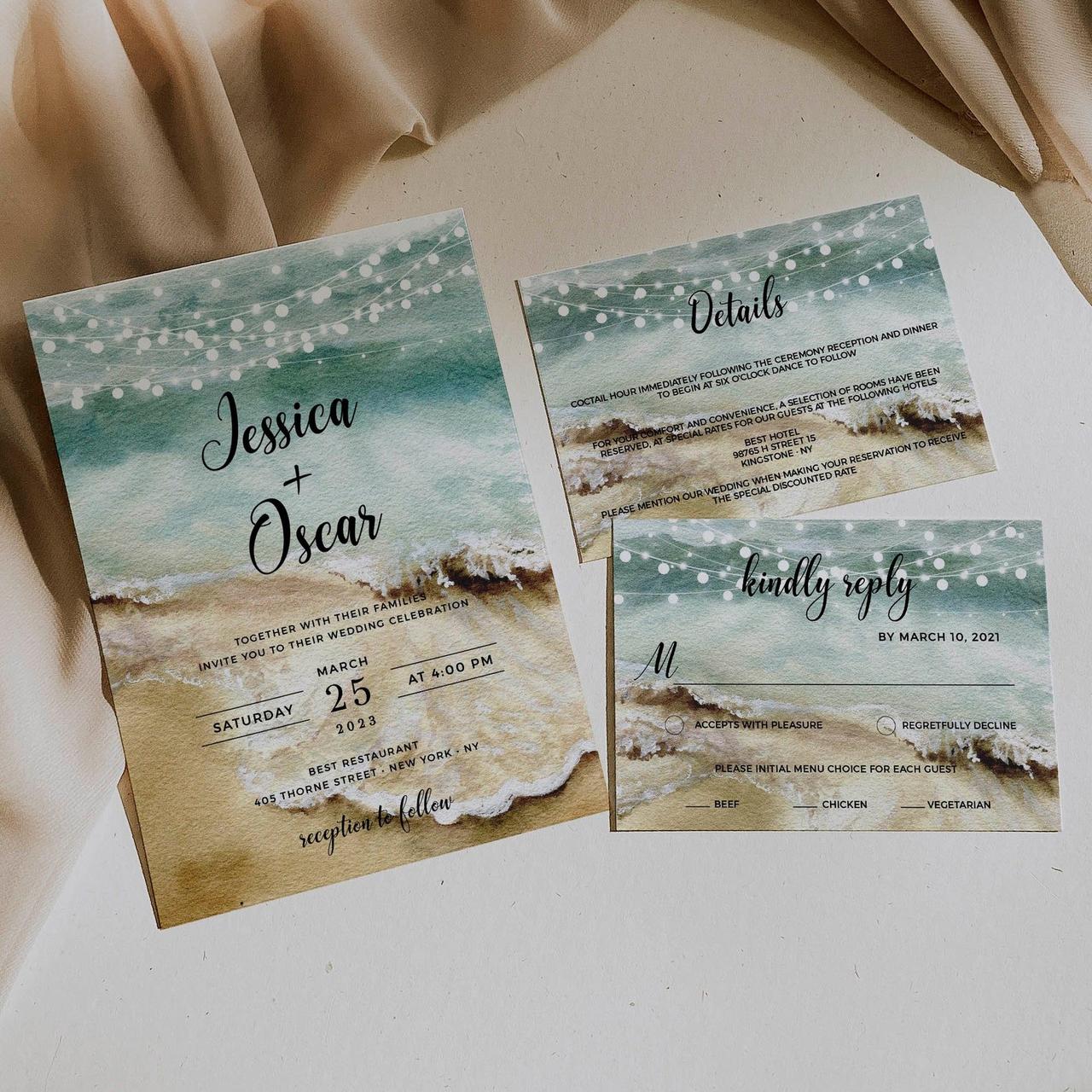 Beach and string light background with names in black script