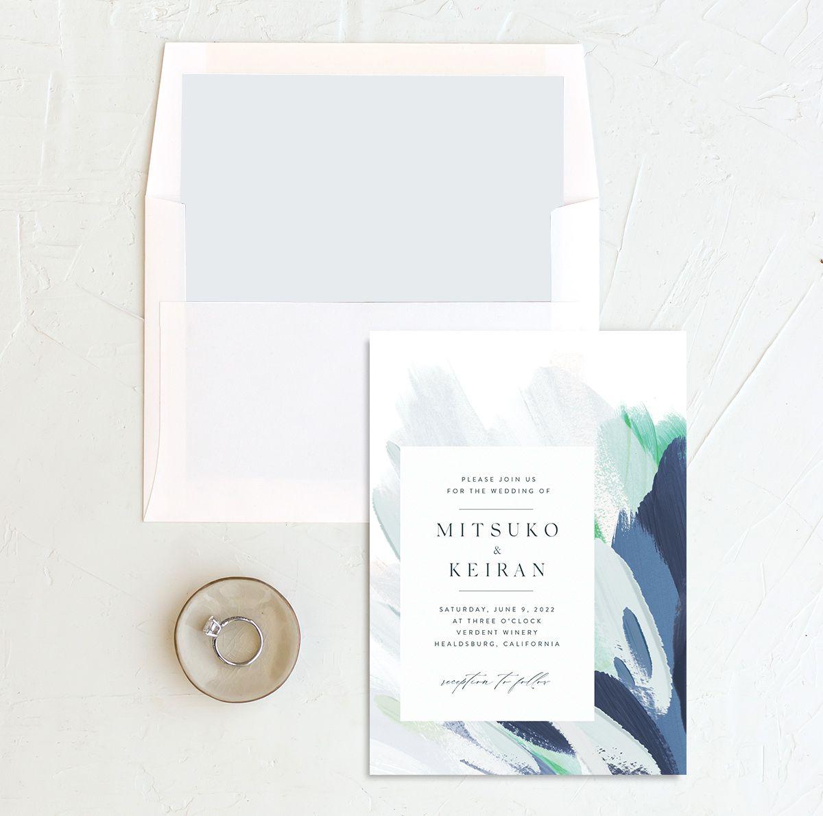 Shades of blue brushstrokes and event details in white rectangle