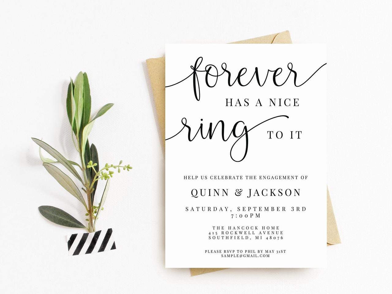 'Forever has a nice ring to it' and event details in black type on simple white card